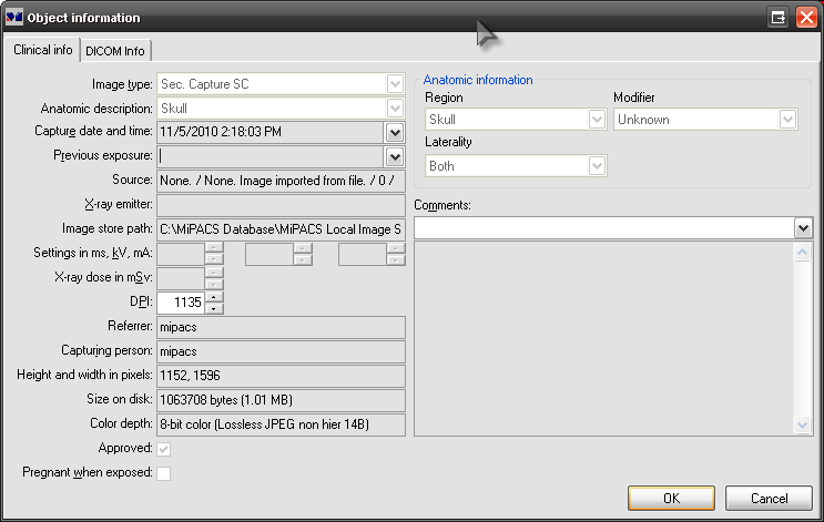 Image of the object information pop-up box in MiPACS